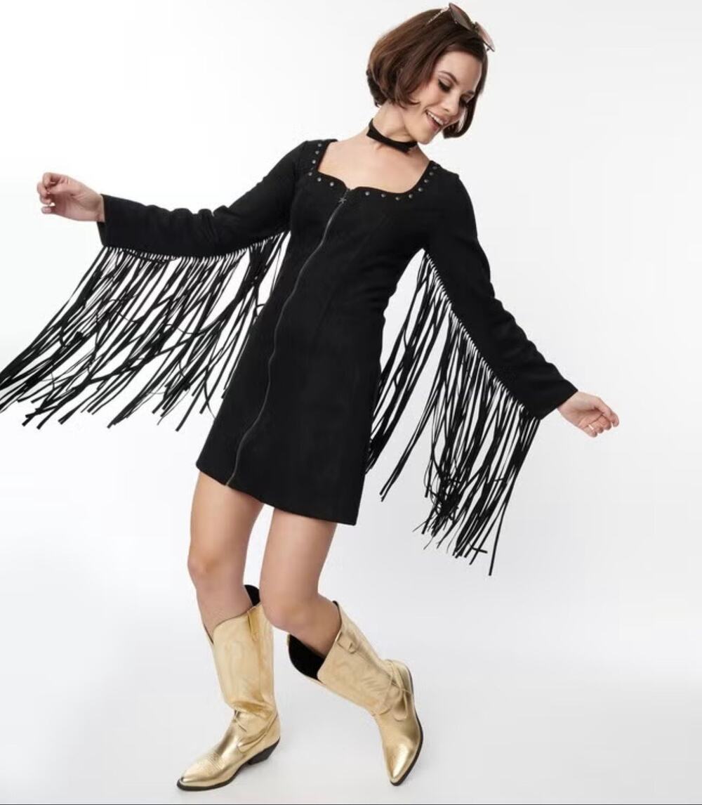 Smak Parlour Unique Vintage Black Western Faux Suede Fringe Shift Dress XS NWOT